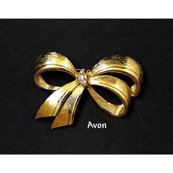 Avon Bow Brooch, Gold Plated, Clear Rhinestones, 1960s Jewelry - Picture 1 of 10